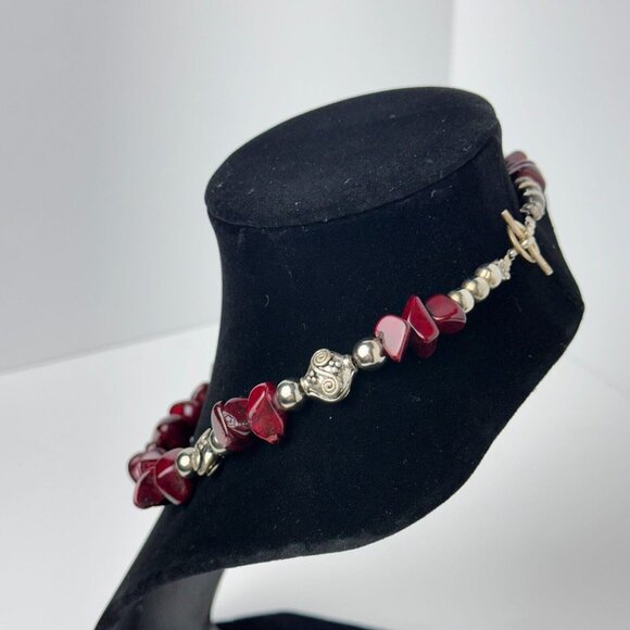 I Silver Red Garnet Beaded Necklace 7.5" Toggle Clasp Fashion Jewelry - Picture 7 of 16